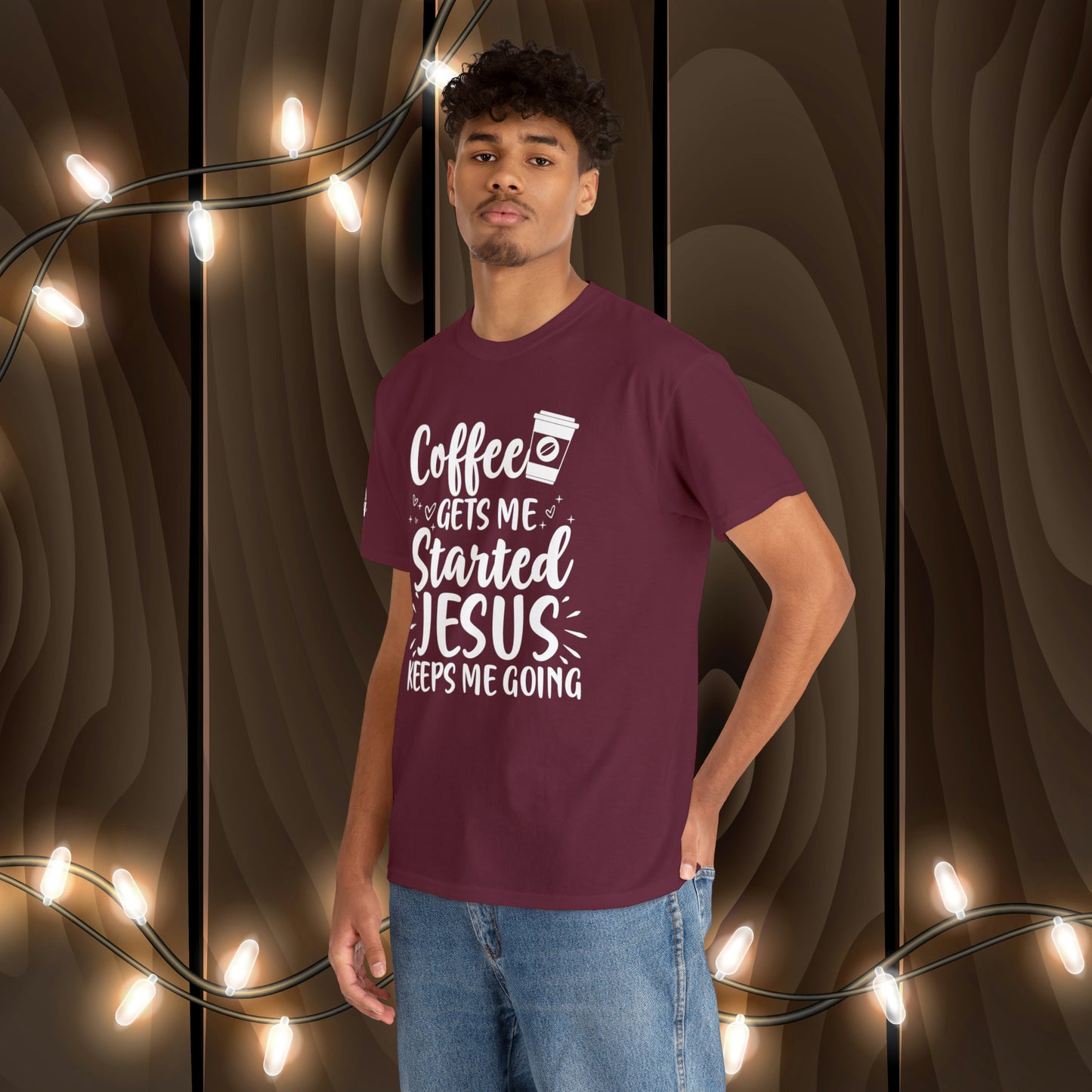 Coffee Gets Me Started Jesus Keeps Me Going Cotton Tee